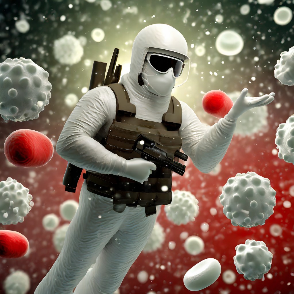 Visual representation of an active CAR-T cell as a commando, in the midst of other immune cells in blood